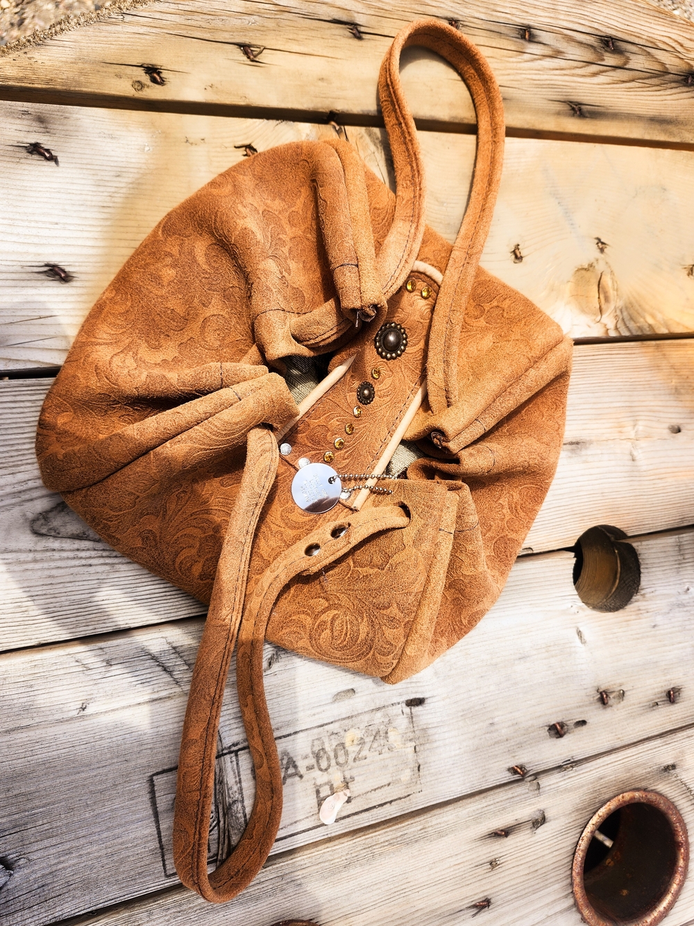 Dally Girl Leather Meeteetse Wyoming Floral Tooled Suede Drawstring Bucket Bag